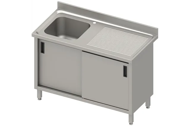 Stół ze zlewem 1-kom.(L),drzwi suwane 1600x700x850 mm, blat tłoczony,rant puszkowy 100x15x10 Stalgast 984527160