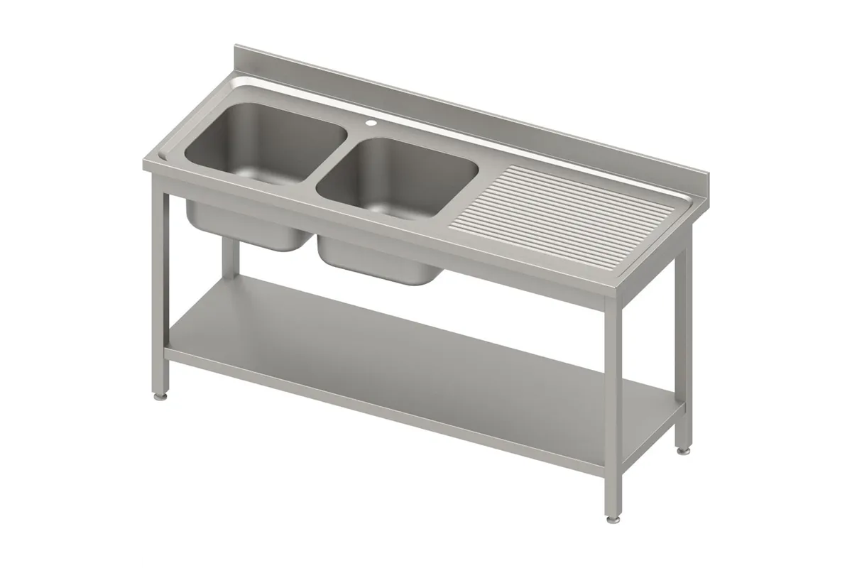 Stół ze zlewem 2-kom.(L),z półką 1800x700x850 mm skręcany, blat tłoczony,rant puszkowy 100x15x10 Stalgast 984607180