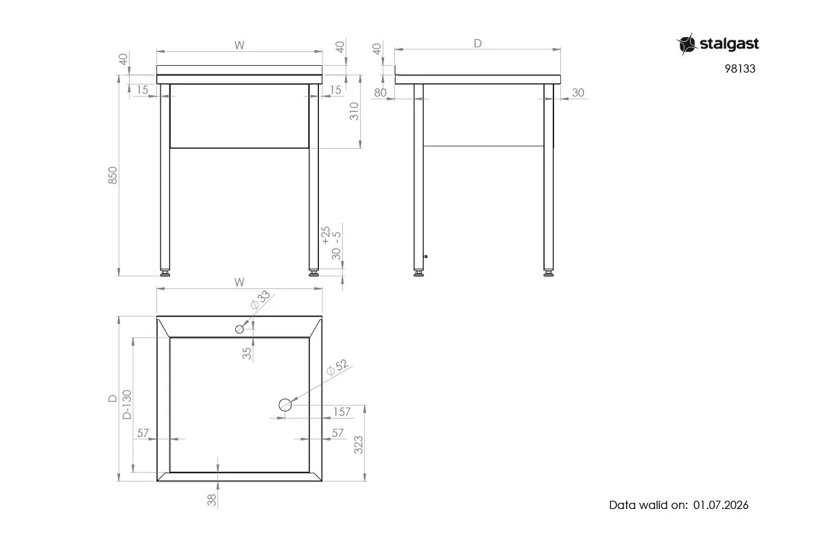 Stół z basenem 1-komorowym spawany 700x600x850 mm h300 mm Stalgast 981336070