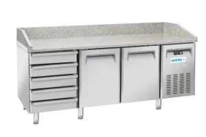 Stół chłodniczy do pizzy 2-drzwiowy z 5 szufladami i blatem granitowym, Arktic, 362L, srebrny, 230V/210W, 2025x800x(H)1040mm