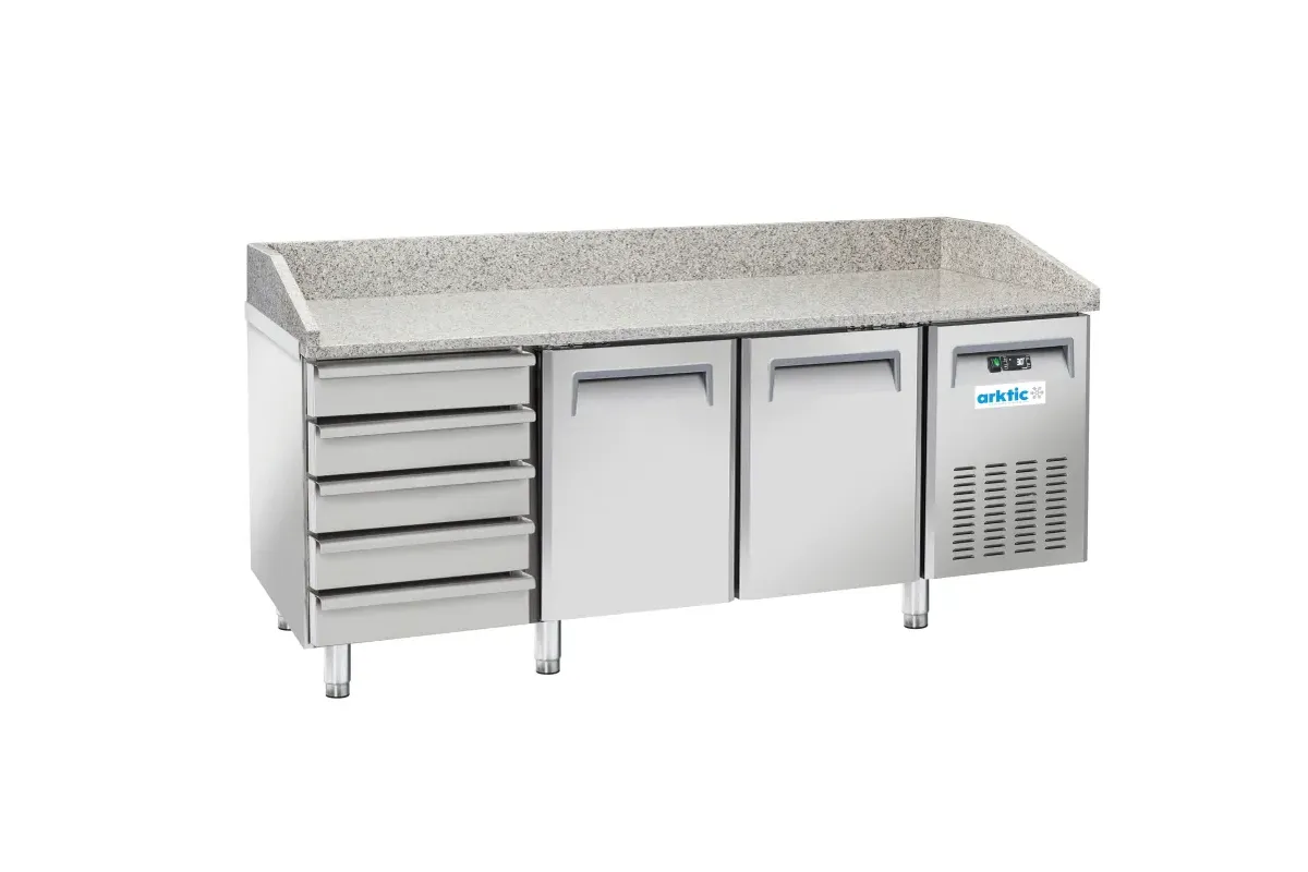Stół chłodniczy do pizzy 2-drzwiowy z 5 szufladami i blatem granitowym, Arktic, 362L, srebrny, 230V/210W, 2025x800x(H)1040mm