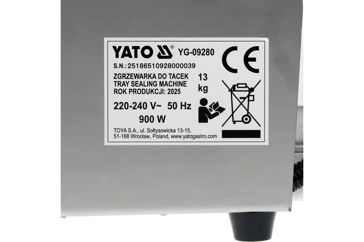 Zgrzewarka do tacek z matrycą 1-komorową YATO YG-09280 – 900 W, sterownik Omron, płyta PTFE, cięcie folii