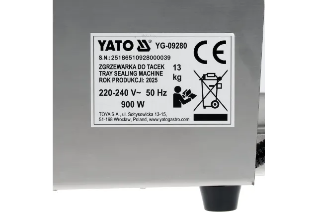 Zgrzewarka do tacek z matrycą 1-komorową YATO YG-09280 – 900 W, sterownik Omron, płyta PTFE, cięcie folii