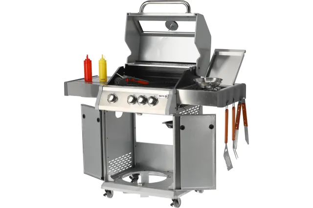 Grill gazowy 3+1 ze stali nierdzewnej - 11,2 kW, żeliwny ruszt, pokrywa z szybą, palnik boczny YATO YG-20015
