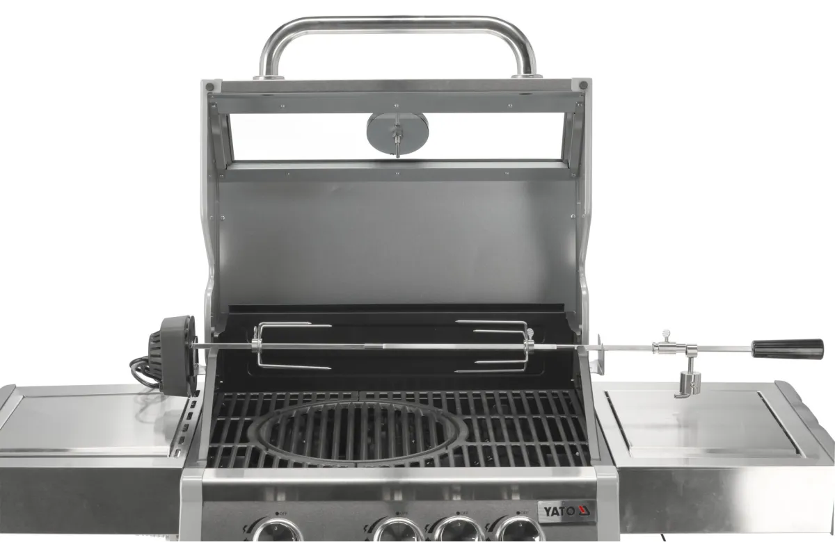 Grill gazowy 3+1 ze stali nierdzewnej - 11,2 kW, żeliwny ruszt, pokrywa z szybą, palnik boczny YATO YG-20015