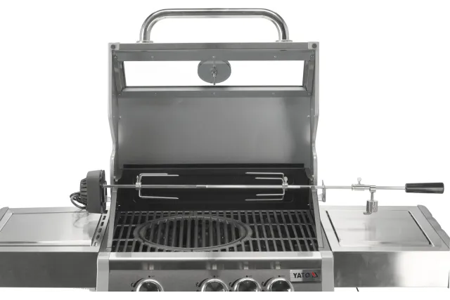 Grill gazowy 3+1 ze stali nierdzewnej - 11,2 kW, żeliwny ruszt, pokrywa z szybą, palnik boczny YATO YG-20015