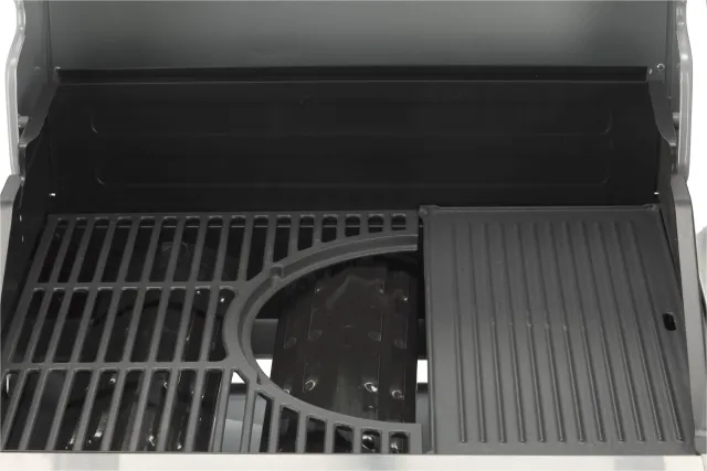 Grill gazowy 3+1 ze stali nierdzewnej - 11,2 kW, żeliwny ruszt, pokrywa z szybą, palnik boczny YATO YG-20015