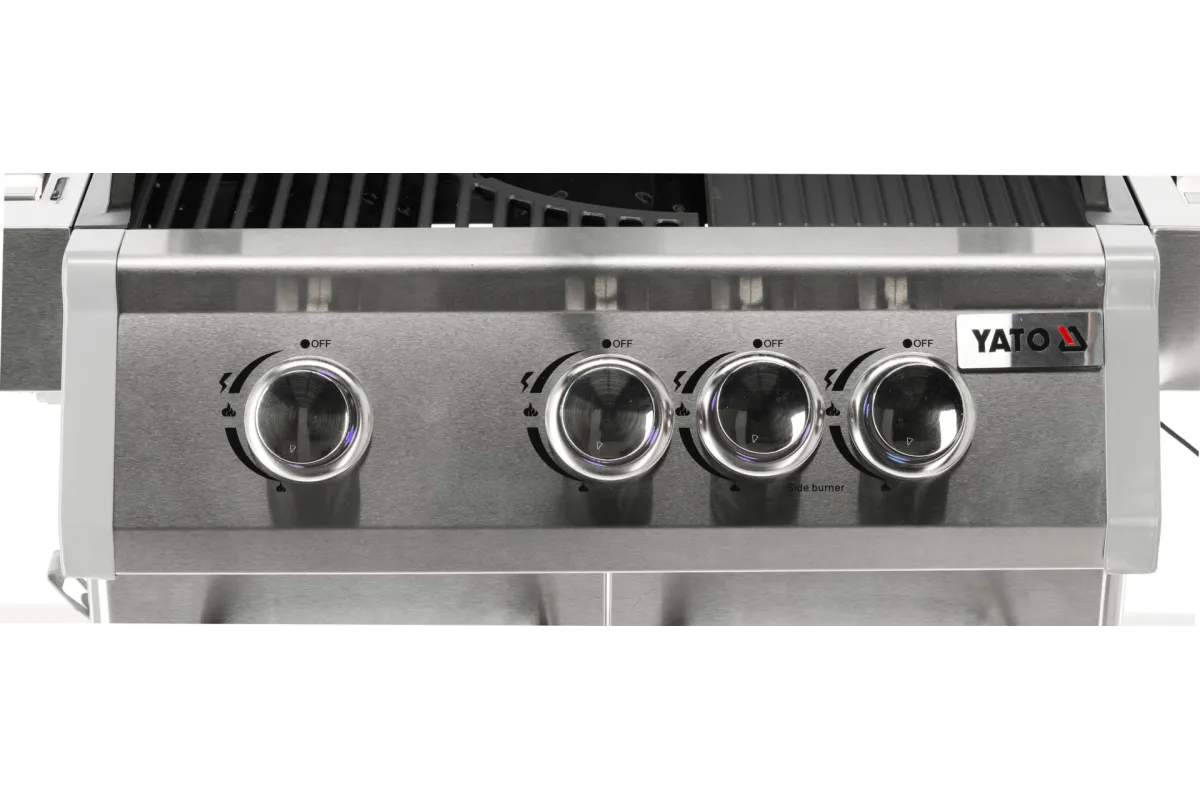 Grill gazowy 3+1 ze stali nierdzewnej - 11,2 kW, żeliwny ruszt, pokrywa z szybą, palnik boczny YATO YG-20015