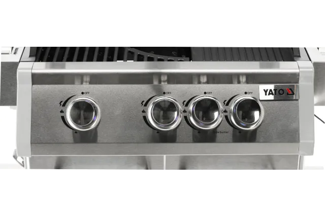 Grill gazowy 3+1 ze stali nierdzewnej - 11,2 kW, żeliwny ruszt, pokrywa z szybą, palnik boczny YATO YG-20015