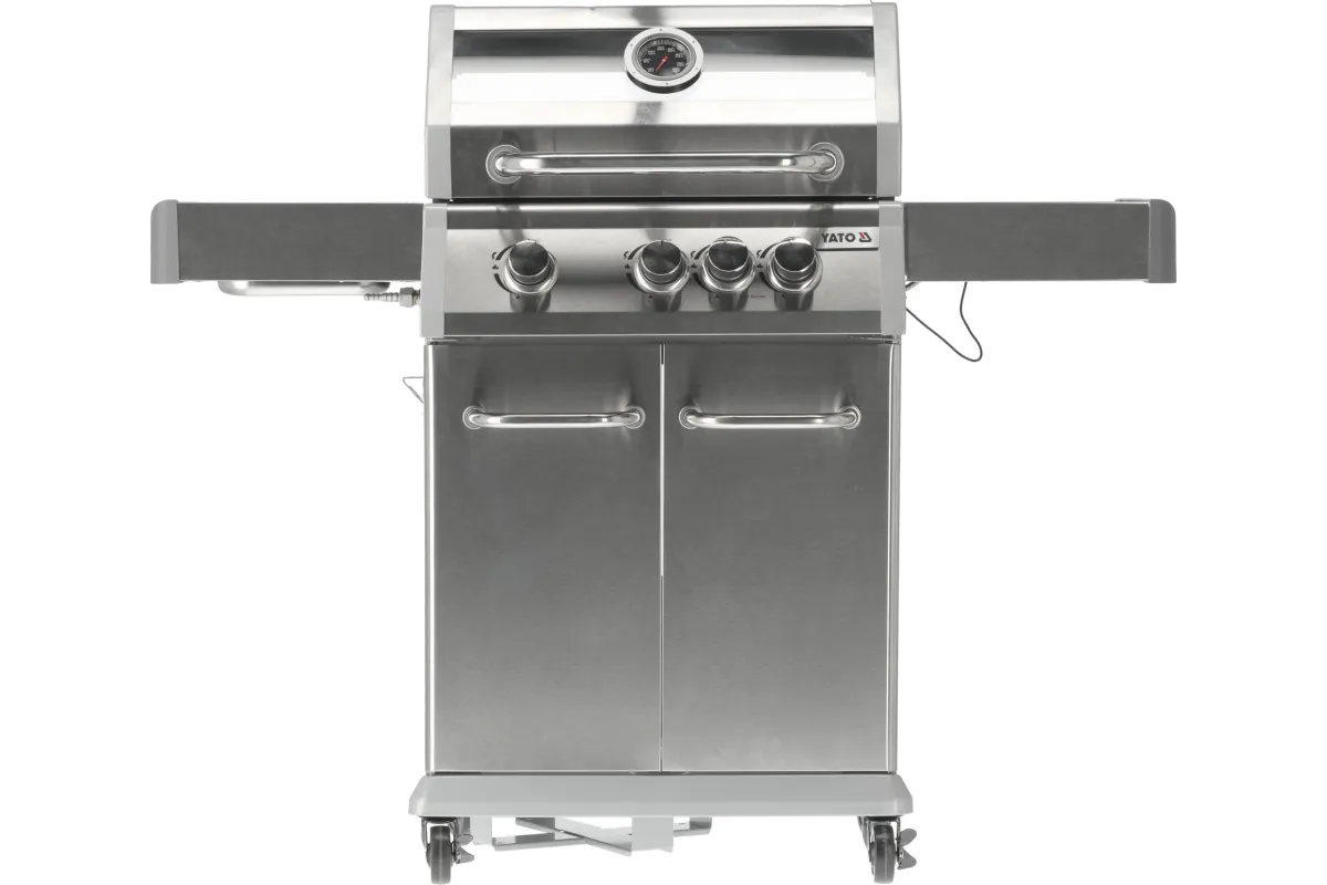 Grill gazowy 3+1 ze stali nierdzewnej - 11,2 kW, żeliwny ruszt, pokrywa z szybą, palnik boczny YATO YG-20015
