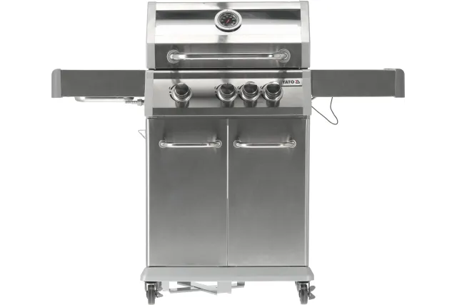 Grill gazowy 3+1 ze stali nierdzewnej - 11,2 kW, żeliwny ruszt, pokrywa z szybą, palnik boczny YATO YG-20015