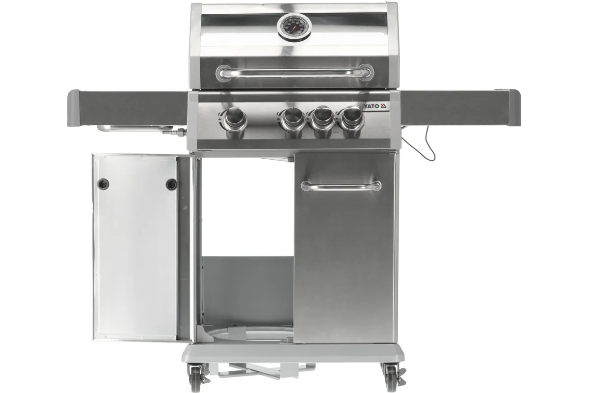 Grill gazowy 3+1 ze stali nierdzewnej - 11,2 kW, żeliwny ruszt, pokrywa z szybą, palnik boczny YATO YG-20015