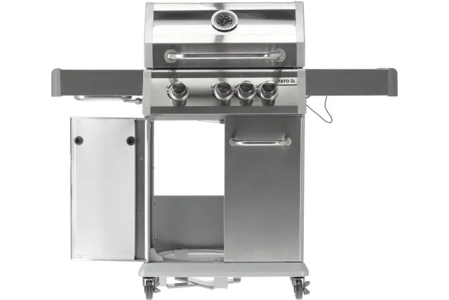 Grill gazowy 3+1 ze stali nierdzewnej - 11,2 kW, żeliwny ruszt, pokrywa z szybą, palnik boczny YATO YG-20015