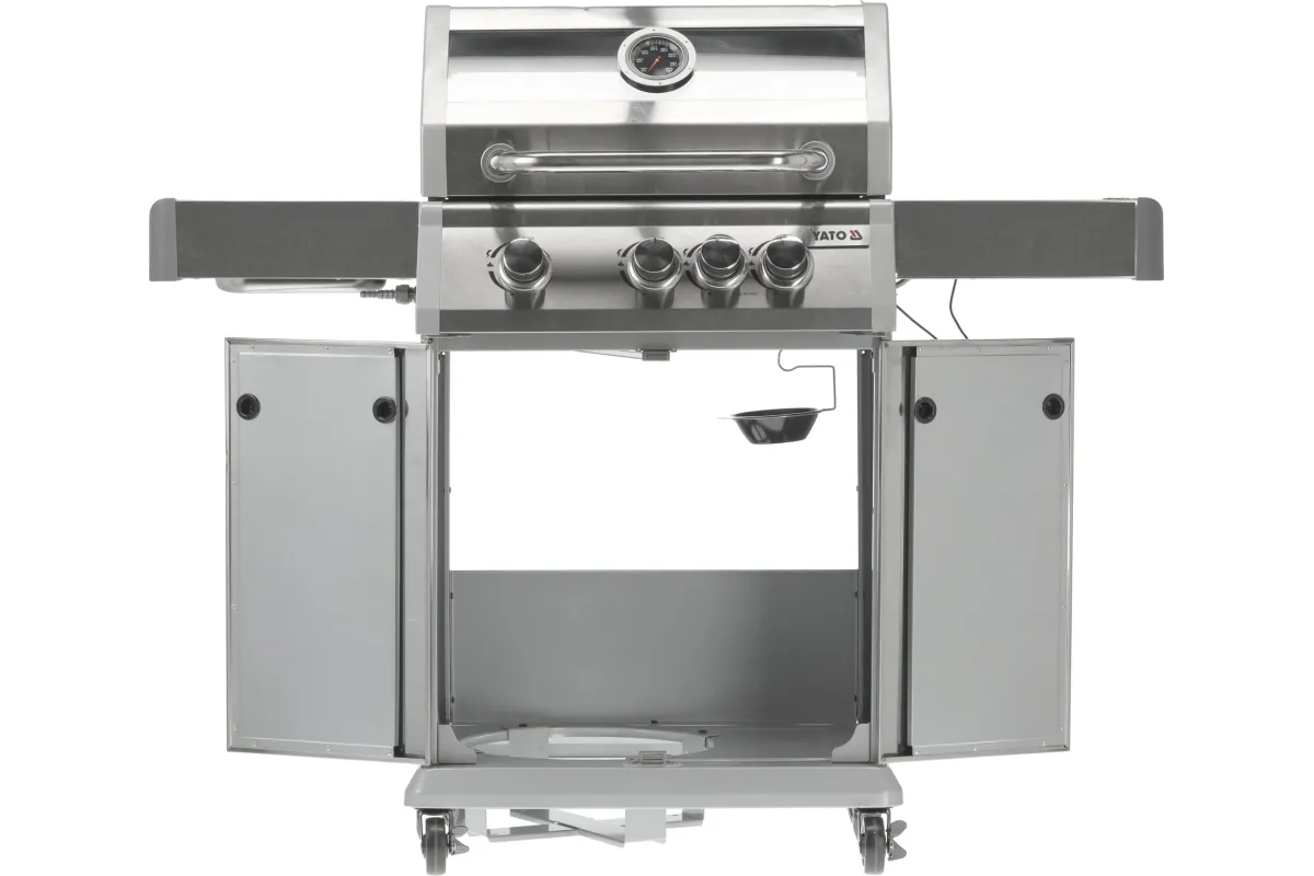 Grill gazowy 3+1 ze stali nierdzewnej - 11,2 kW, żeliwny ruszt, pokrywa z szybą, palnik boczny YATO YG-20015
