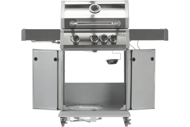 Grill gazowy 3+1 ze stali nierdzewnej - 11,2 kW, żeliwny ruszt, pokrywa z szybą, palnik boczny YATO YG-20015