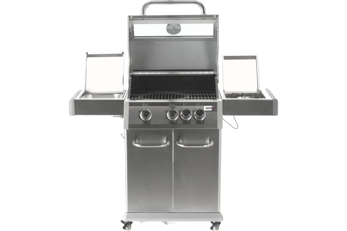 Grill gazowy 3+1 ze stali nierdzewnej - 11,2 kW, żeliwny ruszt, pokrywa z szybą, palnik boczny YATO YG-20015