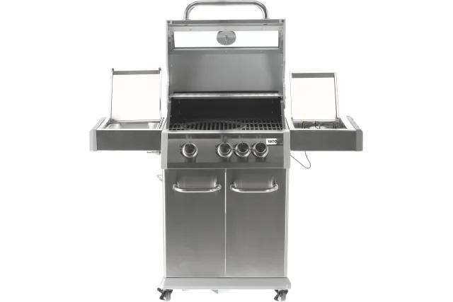 Grill gazowy 3+1 ze stali nierdzewnej - 11,2 kW, żeliwny ruszt, pokrywa z szybą, palnik boczny YATO YG-20015
