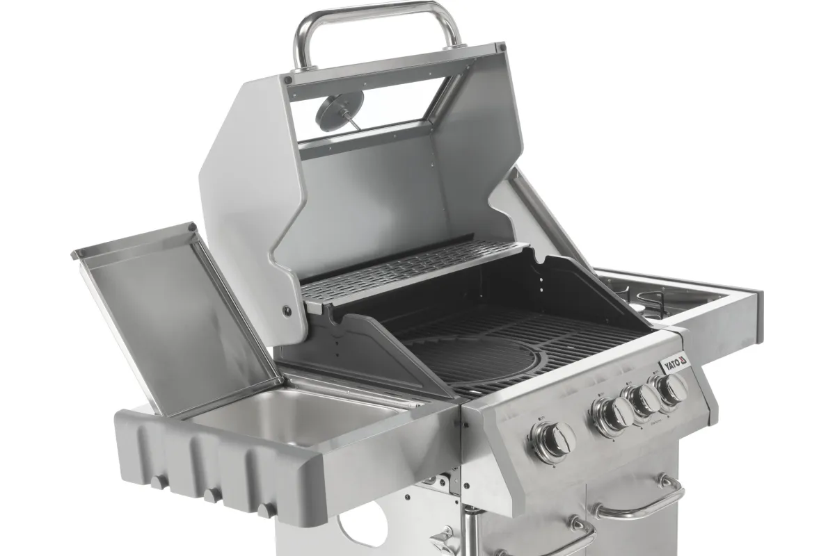 Grill gazowy 3+1 ze stali nierdzewnej - 11,2 kW, żeliwny ruszt, pokrywa z szybą, palnik boczny YATO YG-20015