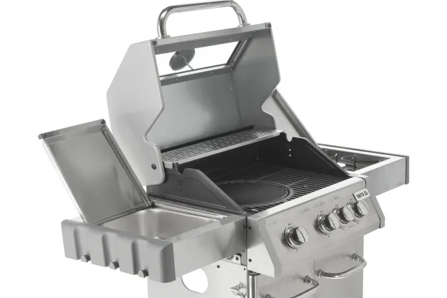 Grill gazowy 3+1 ze stali nierdzewnej - 11,2 kW, żeliwny ruszt, pokrywa z szybą, palnik boczny YATO YG-20015