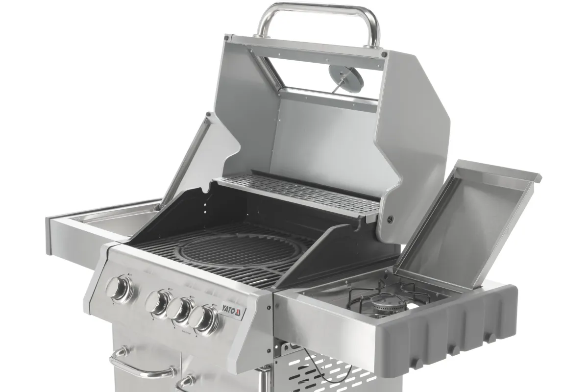 Grill gazowy 3+1 ze stali nierdzewnej - 11,2 kW, żeliwny ruszt, pokrywa z szybą, palnik boczny YATO YG-20015