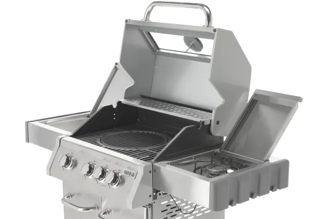 Grill gazowy 3+1 ze stali nierdzewnej - 11,2 kW, żeliwny ruszt, pokrywa z szybą, palnik boczny YATO YG-20015