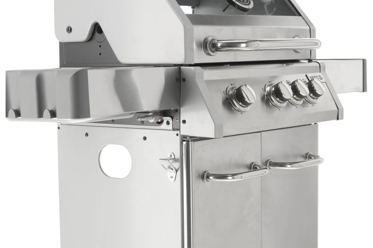 Grill gazowy 3+1 ze stali nierdzewnej - 11,2 kW, żeliwny ruszt, pokrywa z szybą, palnik boczny YATO YG-20015