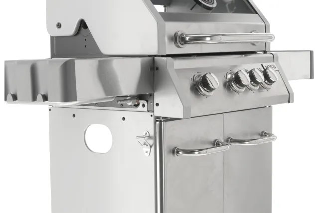 Grill gazowy 3+1 ze stali nierdzewnej - 11,2 kW, żeliwny ruszt, pokrywa z szybą, palnik boczny YATO YG-20015