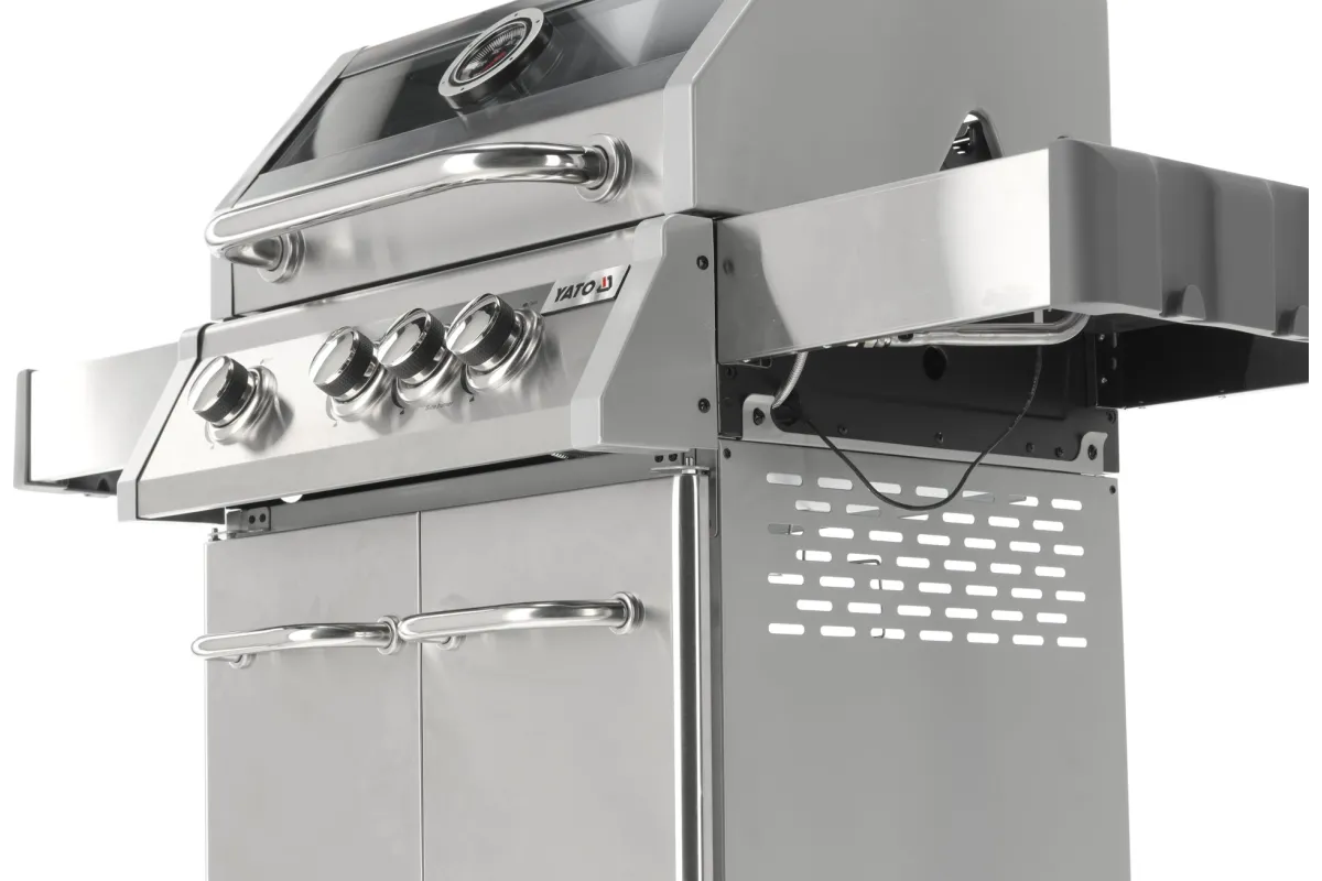 Grill gazowy 3+1 ze stali nierdzewnej - 11,2 kW, żeliwny ruszt, pokrywa z szybą, palnik boczny YATO YG-20015