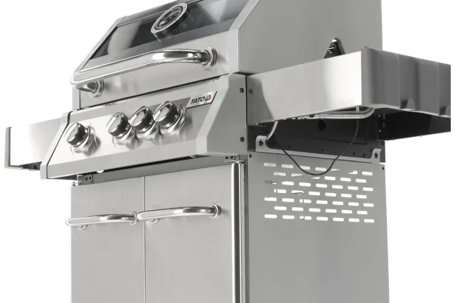 Grill gazowy 3+1 ze stali nierdzewnej - 11,2 kW, żeliwny ruszt, pokrywa z szybą, palnik boczny YATO YG-20015