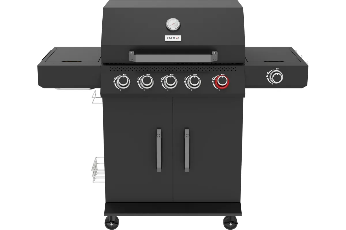 Grill gazowy YATO 5+1 z palnikiem infrared 800°C – 19,5 kW, 6 palników, żeliwne ruszty YG-20031