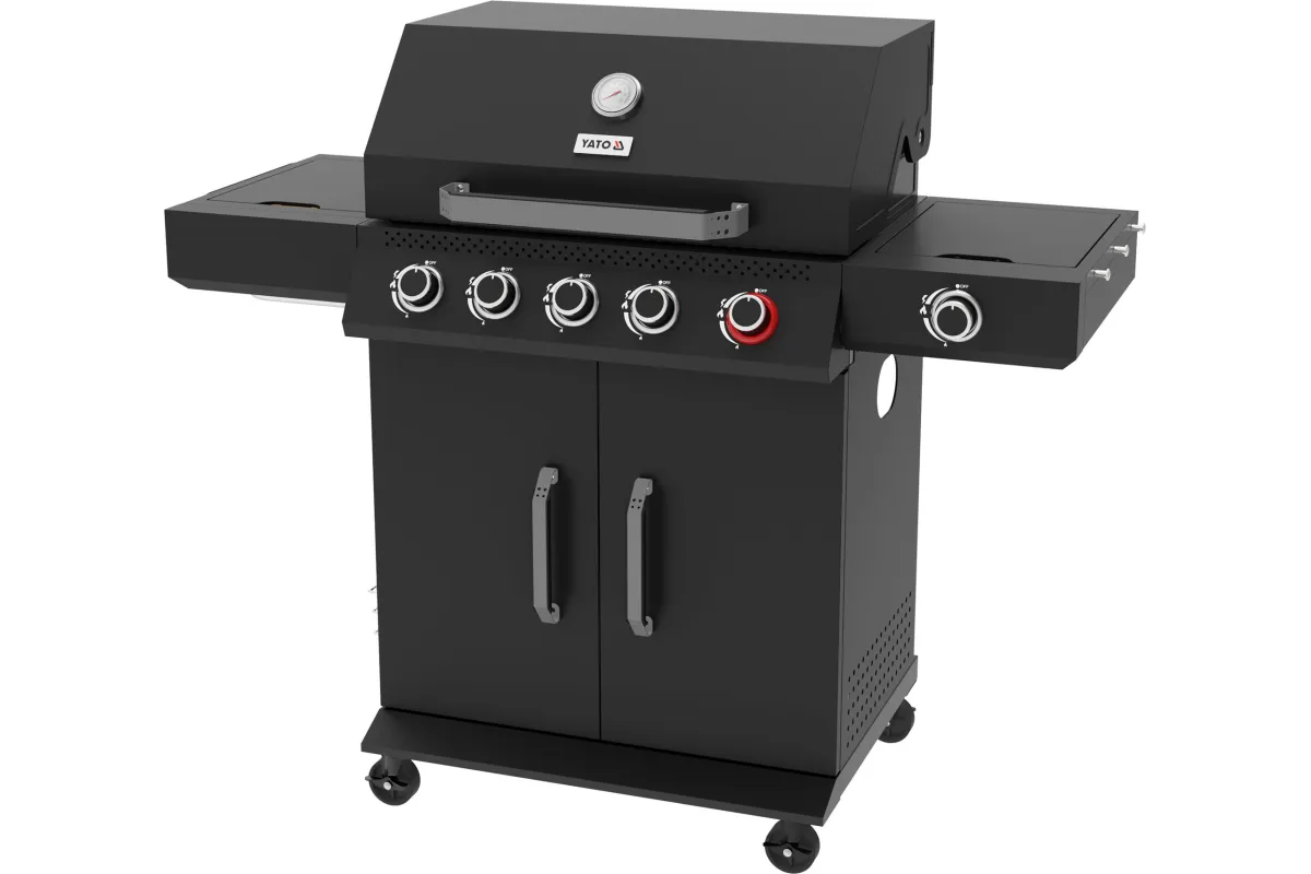 Grill gazowy YATO 5+1 z palnikiem infrared 800°C – 19,5 kW, 6 palników, żeliwne ruszty YG-20031