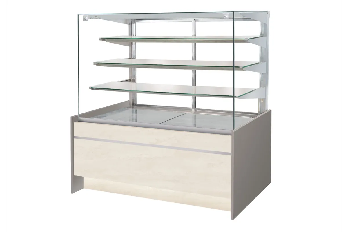 Witryna cukiernicza chłodnicza, szyba prosta uchylna, płyta meblowa, podświetlany spód, szerokość 1020 mm RAPA C-A/102/89