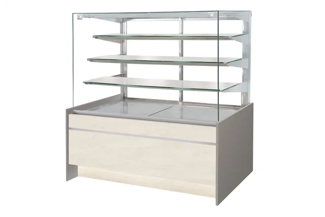 Witryna cukiernicza chłodnicza, szyba prosta uchylna, płyta meblowa, podświetlany spód, szerokość 1020 mm RAPA C-A/102/89