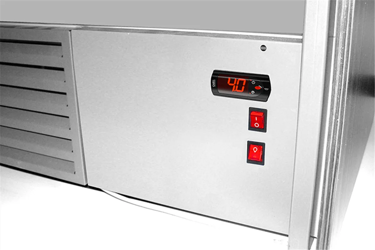 Witryna cukiernicza chłodnicza, szyba prosta uchylna, płyta meblowa, podświetlany spód, szerokość 1020 mm RAPA C-A/102/89