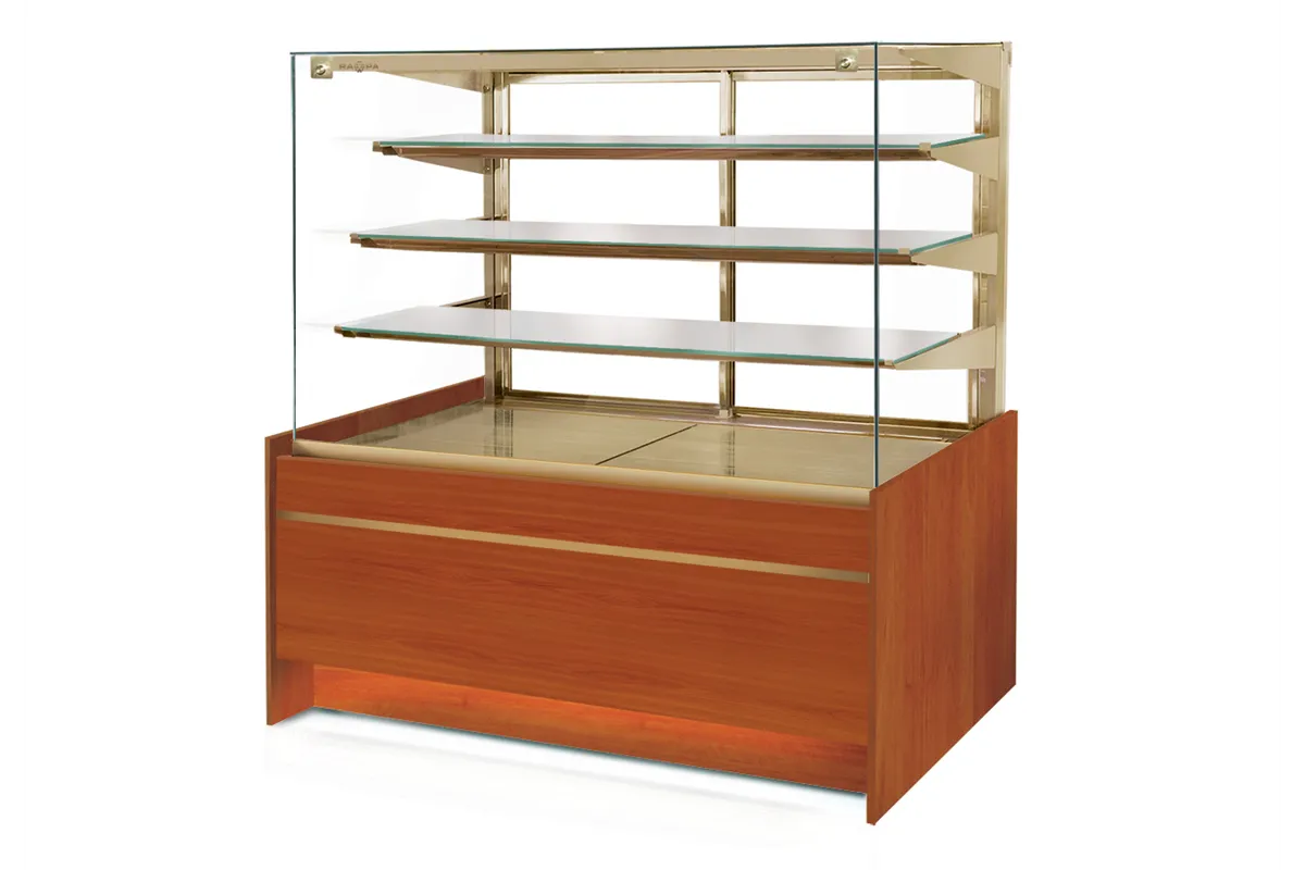 Witryna cukiernicza chłodnicza, szyba prosta uchylna, płyta meblowa, podświetlany spód, szerokość 1390 mm RAPA C-A/139/89