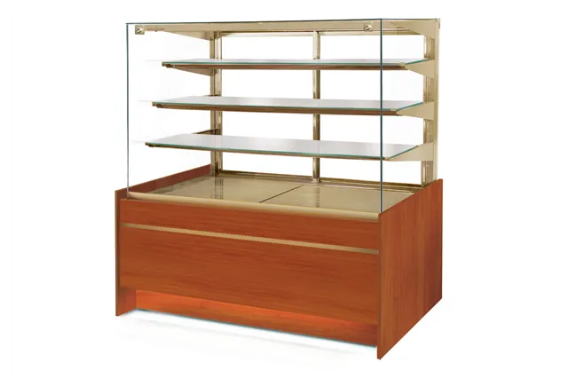 Witryna cukiernicza chłodnicza, szyba prosta uchylna, płyta meblowa, podświetlany spód, szerokość 1390 mm RAPA C-A/139/89