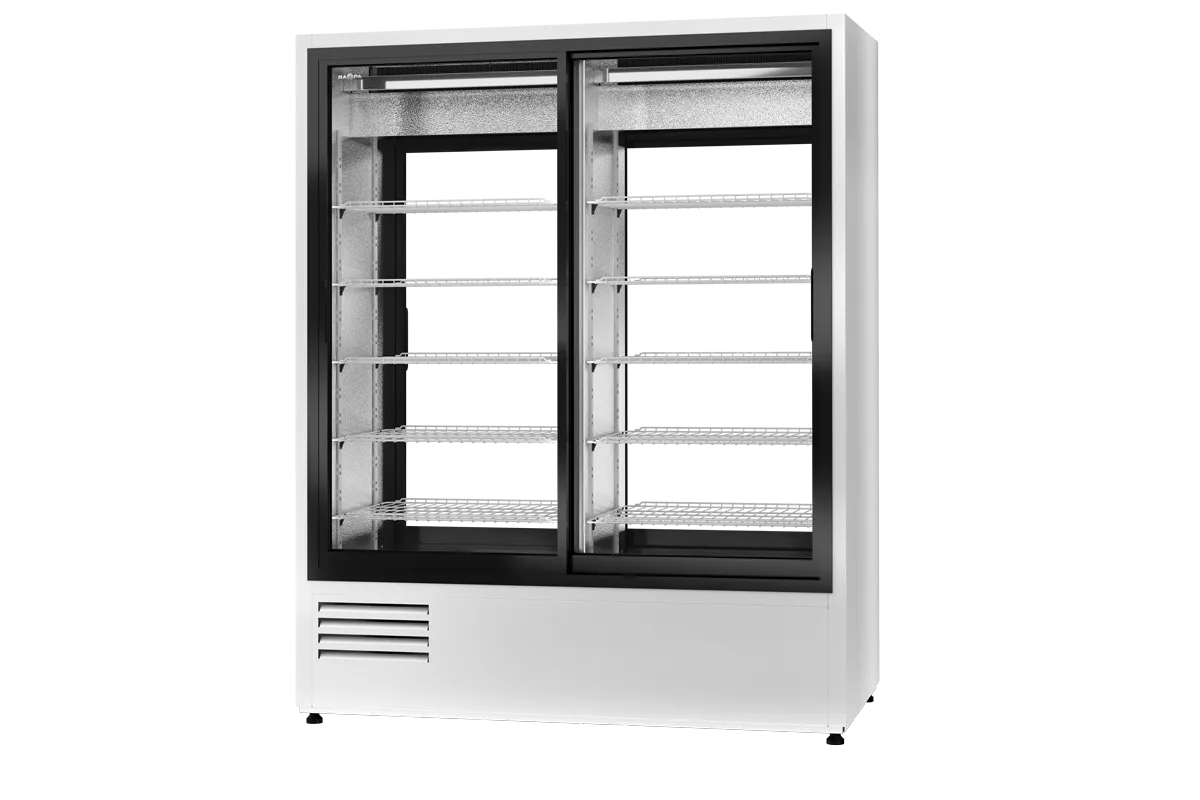 Szafa chłodnicza dwustronnie przeszklona, drzwi rozsuwane z obu stron, szerokość 1600 mm RAPA SCH-2S2R-1600-AD-3KL