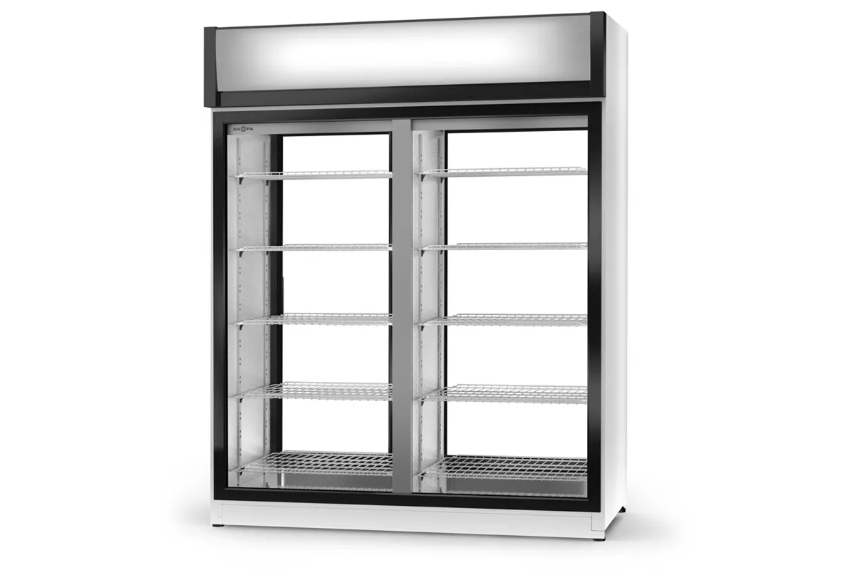 Szafa chłodnicza dwustronnie przeszklona, drzwi rozsuwane, szyba od klienta stała, szerokość 1600 mm RAPA SCH-2SR-1600-1D-AG-3KL