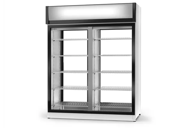 Szafa chłodnicza dwustronnie przeszklona, drzwi rozsuwane, szyba od klienta stała, szerokość 1600 mm RAPA SCH-2SR-1600-1D-AG-3KL