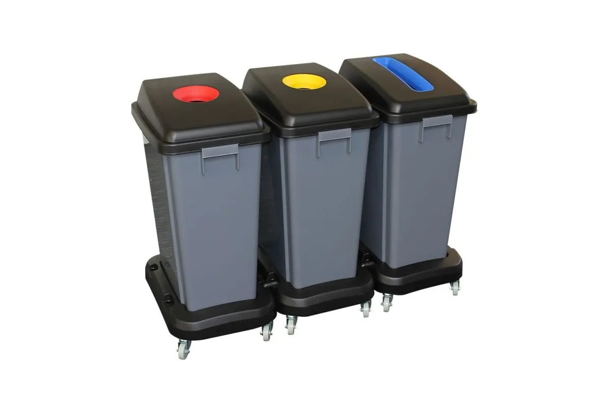 ZESTAW KOSZY DO SEGREGACJI ODPADÓW, TRZY KOSZE O POJ. 60L NA PODSTAWACH Z KÓŁKAMI SKRĘTNYMI, SZARE KJS706