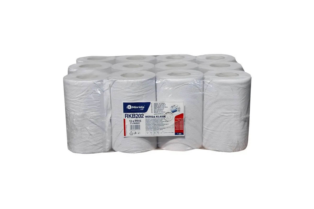 Ręczniki papierowe w rolach MERIDA KLASIK, długość 116 m, BIAŁY, ZGRZEWKA 12 SZT. RKB202