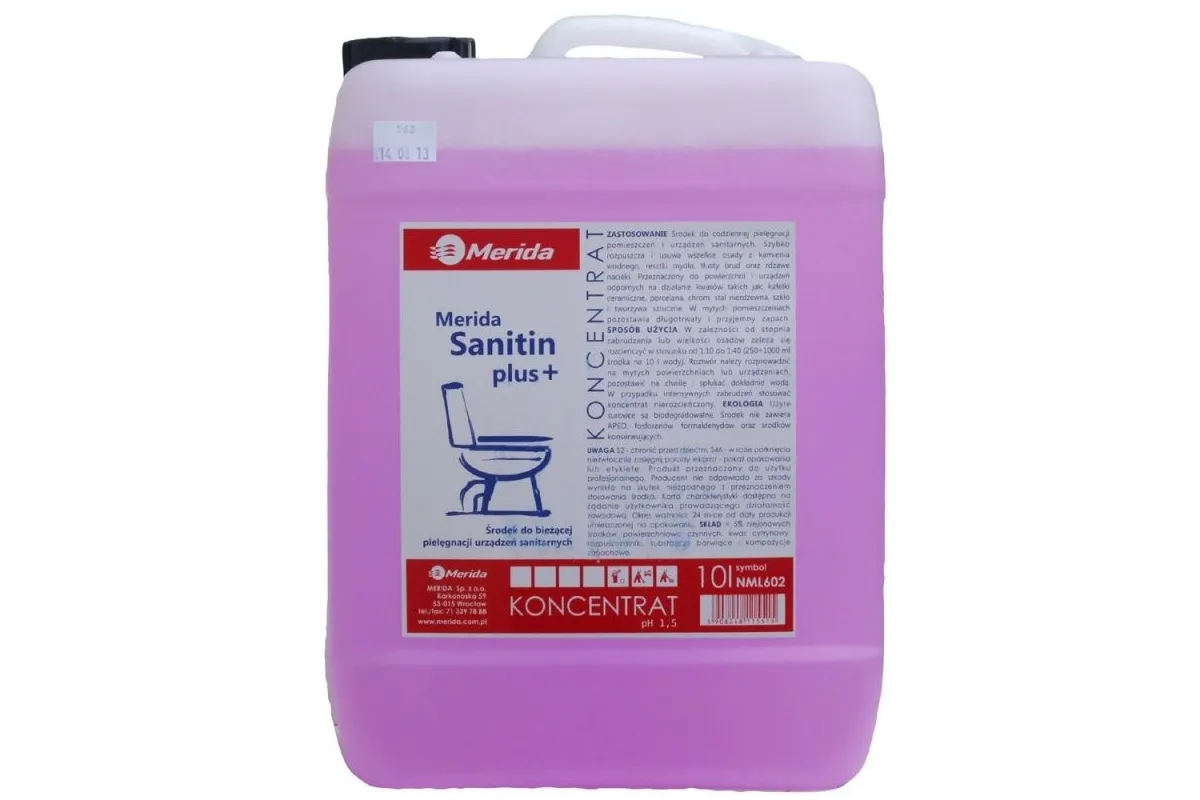 MERIDA SANITIN PLUS + kwaśny środek do bieżącej pielęgnacji urządzeń sanitarnych, pojemność 10 litrów NML602